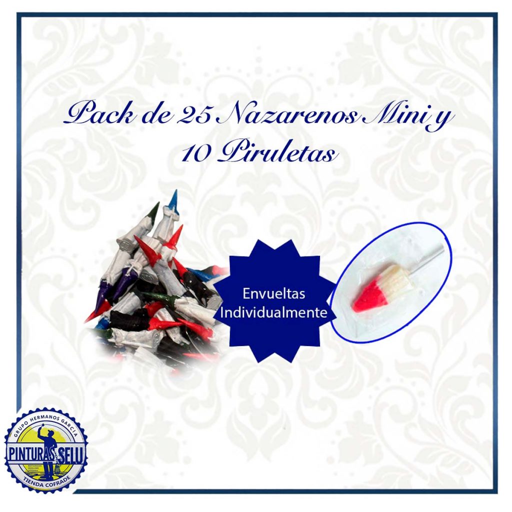 Pack 25 Mini Nazarenos y 10 piruletas Cofrades
